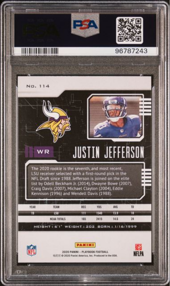 Graded 2020 Panini Playbook Justin Jefferson #114 Rookie RC Football Card PSA 10 Gem Mint (ONLINE ORDER ONLY)