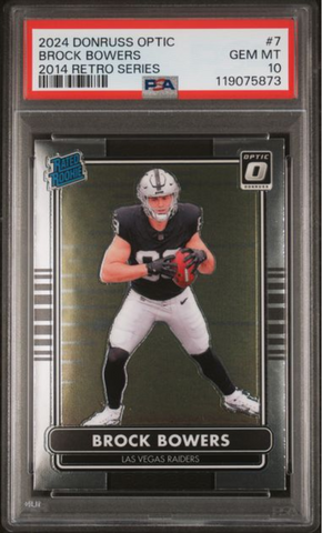 Graded 2024 Panini Donruss Optic Brock Bowers #7 2014 Retro Series Rookie RC Football Card PSA 10 Gem Mint (ONLINE ORDER ONLY)