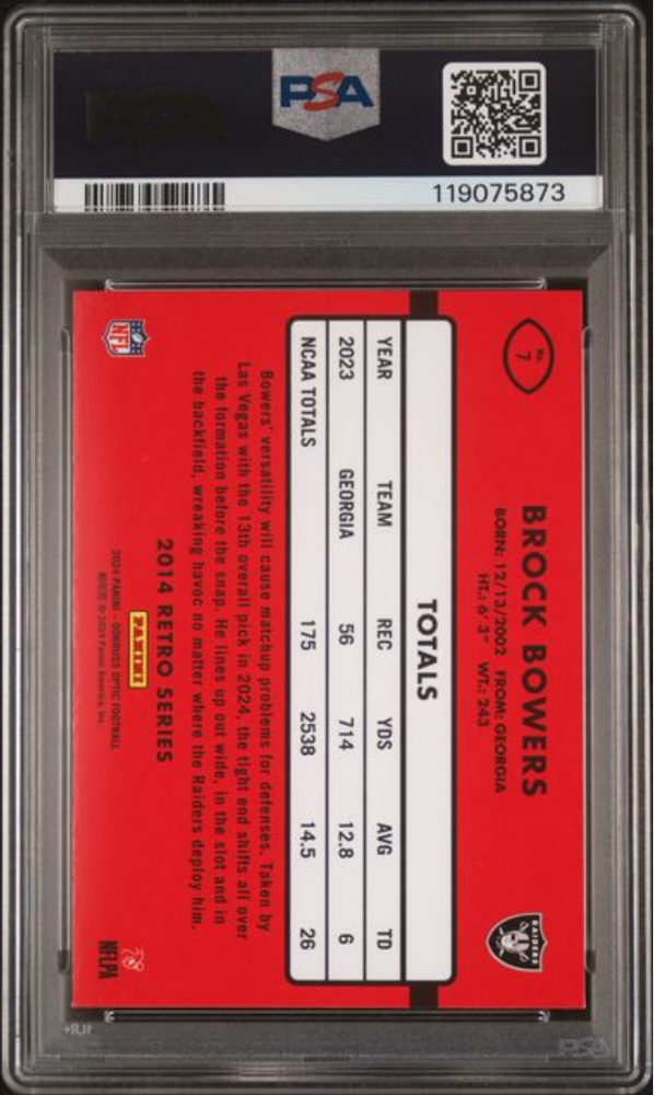 Graded 2024 Panini Donruss Optic Brock Bowers #7 2014 Retro Series Rookie RC Football Card PSA 10 Gem Mint (ONLINE ORDER ONLY)