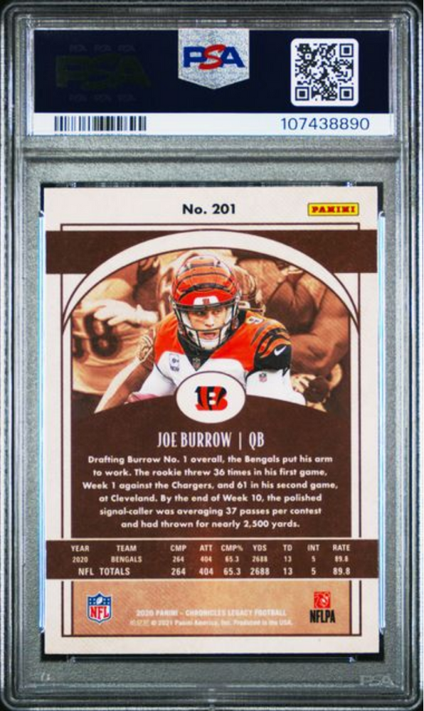 Graded 2020 Panini Chronicles Joe Burrow #201 Legacy Rookie RC Football Card PSA 10 Gem Mint (ONLINE ORDER ONLY)