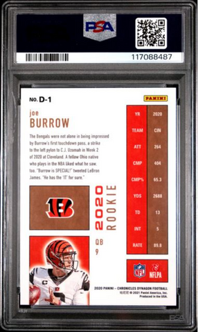 Graded 2020 Panini Chronicles Joe Burrow #D1 Dynagon Rookies Rookie RC Football Card PSA 10 Gem Mint (ONLINE ORDER ONLY)