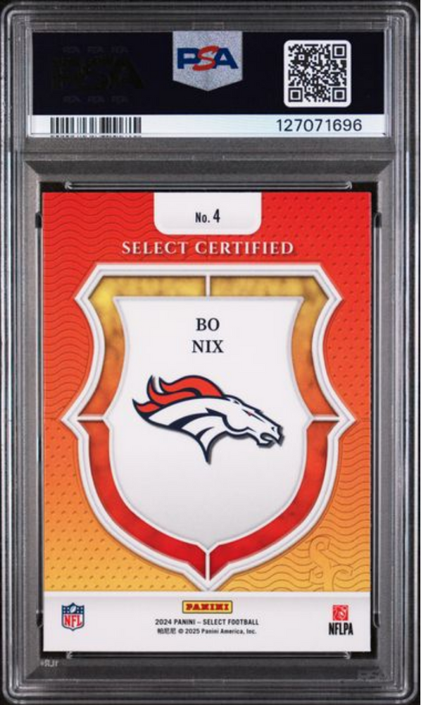Graded 2024 Panini Select Bo Nix #4 Select Certified Rookie RC Football Card PSA 10 Gem Mint (ONLINE ORDER ONLY)