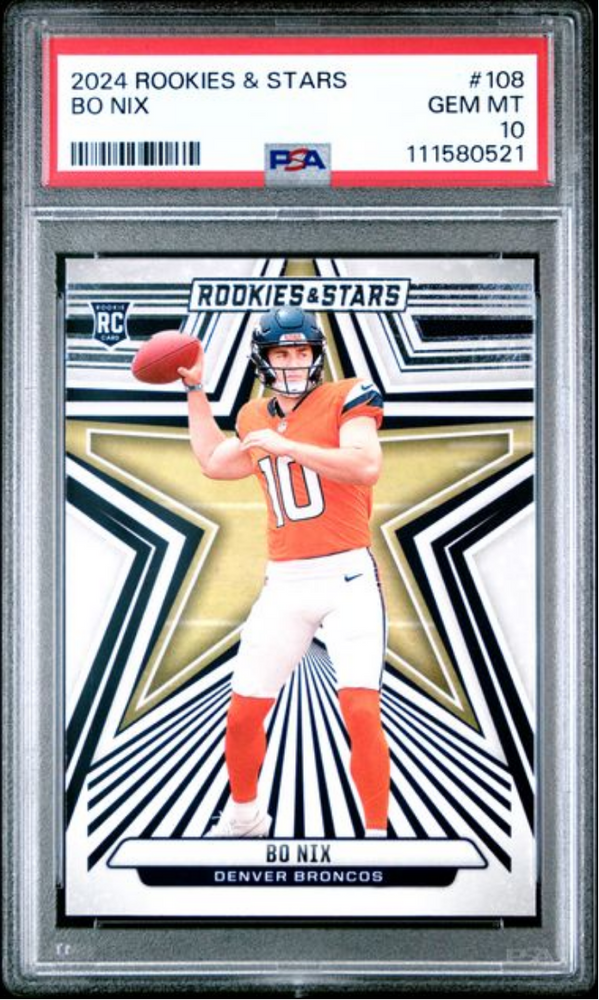 Graded 2024 Panini Rookies & Stars Bo Nix #108 Rookie RC Football Card PSA 10 Gem Mint (ONLINE ORDER ONLY)