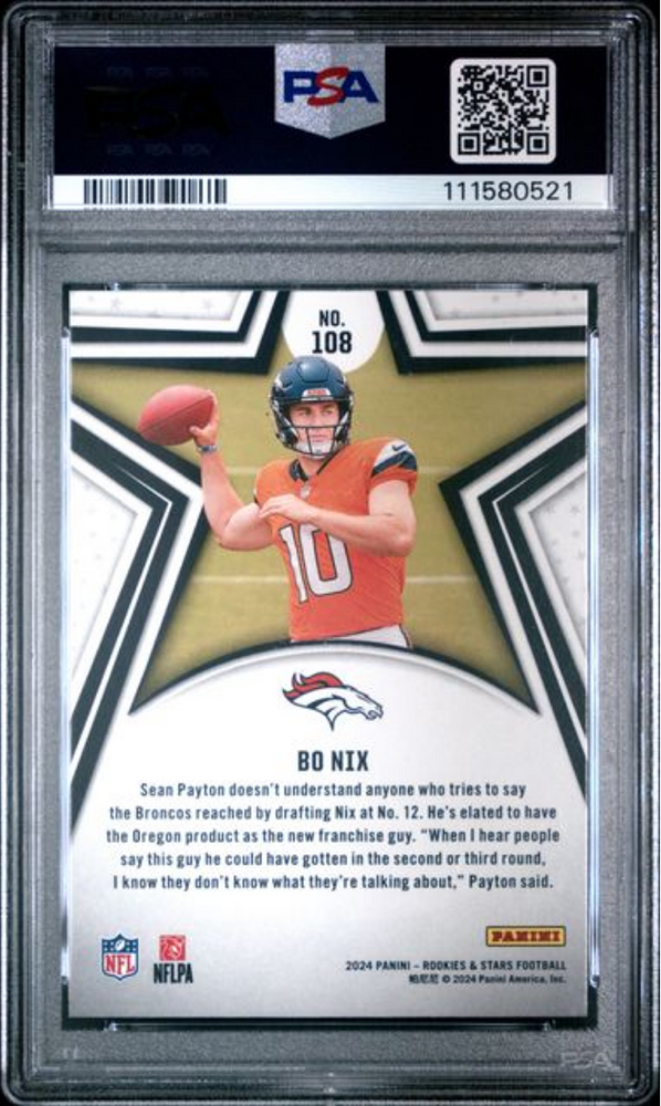 Graded 2024 Panini Rookies & Stars Bo Nix #108 Rookie RC Football Card PSA 10 Gem Mint (ONLINE ORDER ONLY)