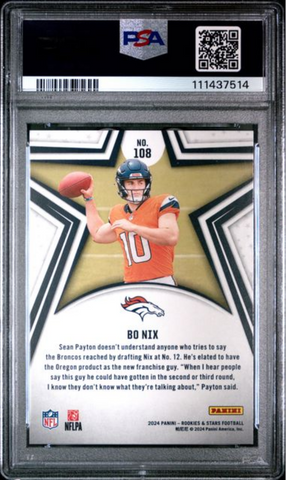 Graded 2024 Panini Rookies & Stars Bo Nix #108 True Blue /149 Rookie RC Football Card PSA 10 Gem Mint (ONLINE ORDER ONLY)
