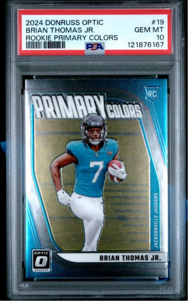 Graded 2024 Panini Donruss Optic Brian Thomas Jr #19 Rookie Primary Colors Rookie RC Football Card PSA 10 Gem Mint (ONLINE ORDER ONLY)