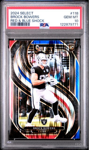 Graded 2024 Panini Select Brock Bowers #118 Red & Blue Shock Rookie RC Football Card PSA 10 Gem Mint (ONLINE ORDER ONLY)
