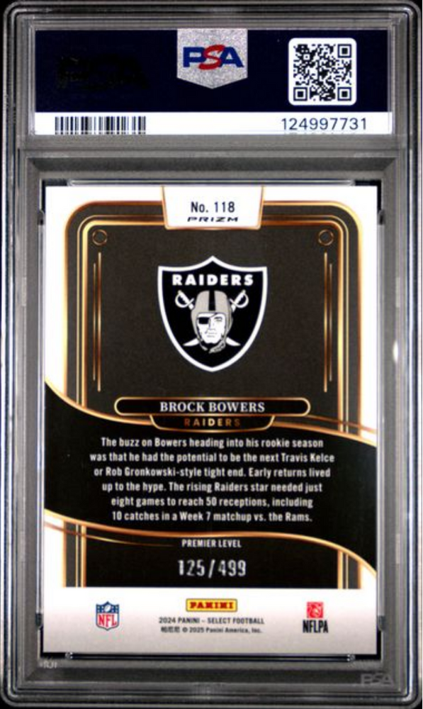 Graded 2024 Panini Select Brock Bowers #118 Neon Green Shock /499 Rookie RC Football Card PSA 10 Gem Mint (ONLINE ORDER ONLY)