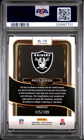 Graded 2024 Panini Select Brock Bowers #118 Neon Green Shock /499 Rookie RC Football Card PSA 10 Gem Mint (ONLINE ORDER ONLY)