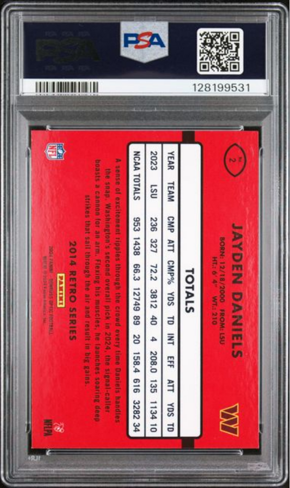 Graded 2024 Panini Donruss Optic Jayden Daniels #2 2014 Retro Series Rookie RC Football Card PSA 10 Gem Mint (ONLINE ORDER ONLY)