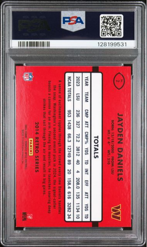 Graded 2024 Panini Donruss Optic Jayden Daniels #2 2014 Retro Series Rookie RC Football Card PSA 10 Gem Mint (ONLINE ORDER ONLY)