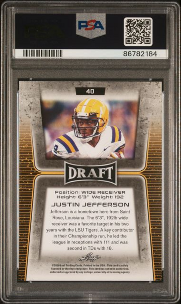 Graded 2020 Leaf Draft Justin Jefferson #40 Rookie RC Football Card PSA 10 Gem Mint (ONLINE ORDER ONLY)