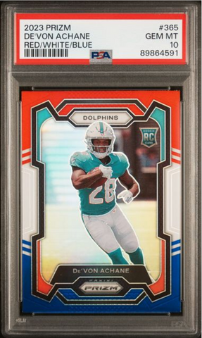 Graded 2023 Panini Prizm Devon Achane #365 Red/White/Blue Rookie RC Football Card PSA 10 Gem Mint (ONLINE ORDER ONLY)