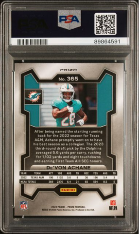 Graded 2023 Panini Prizm Devon Achane #365 Red/White/Blue Rookie RC Football Card PSA 10 Gem Mint (ONLINE ORDER ONLY)