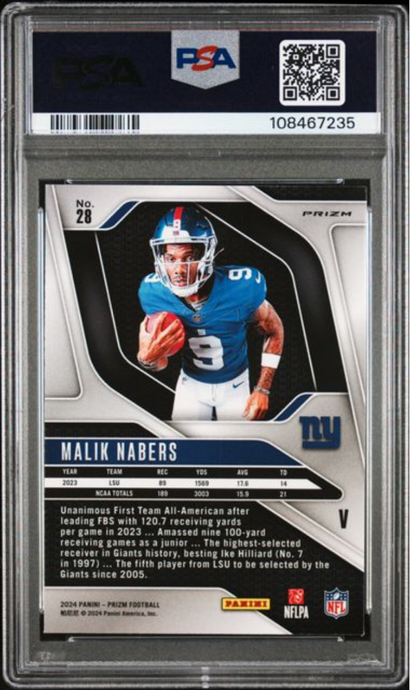 Graded 2024 Panini Prizm Malik Nabers #8 Rookie Variation Rookie RC Football Card PSA 10 Gem Mint (ONLINE ORDER ONLY)