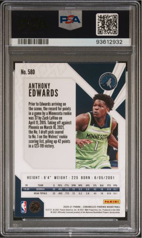 Graded 2020 Panini Chronicles Anthony Edwards #580 Rookie RC Basketball Card PSA 10 Gem Mint (ONLINE ORDER ONLY)