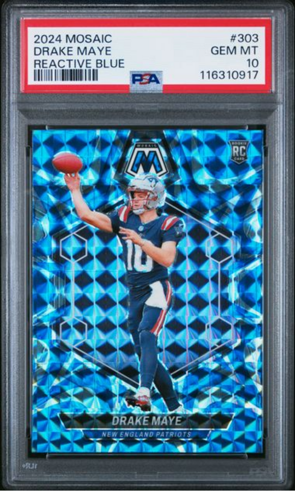 Graded 2024 Panini Mosaic Drake Maye #303 Reactive Blue Rookie RC Football Card PSA 10 Gem Mint (ONLINE ORDER ONLY)
