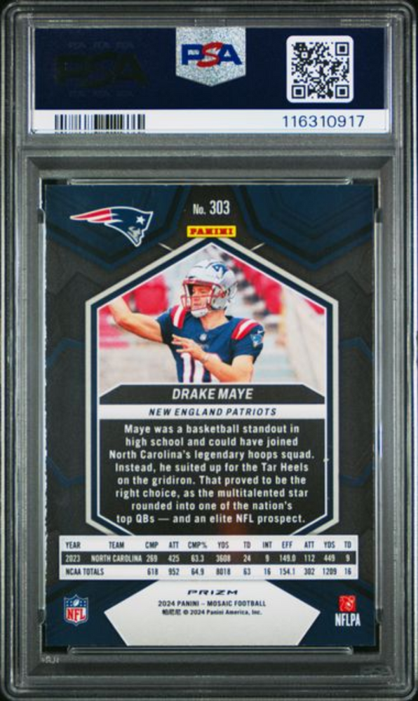 Graded 2024 Panini Mosaic Drake Maye #303 Reactive Blue Rookie RC Football Card PSA 10 Gem Mint (ONLINE ORDER ONLY)