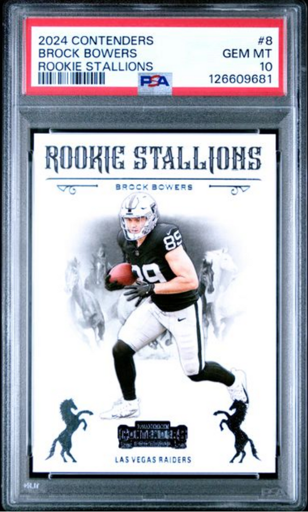 Graded 2024 Panini Contenders Brock Bowers #8 Rookie Stallions Rookie RC Football Card PSA 10 Gem Mint (ONLINE ORDER ONLY)