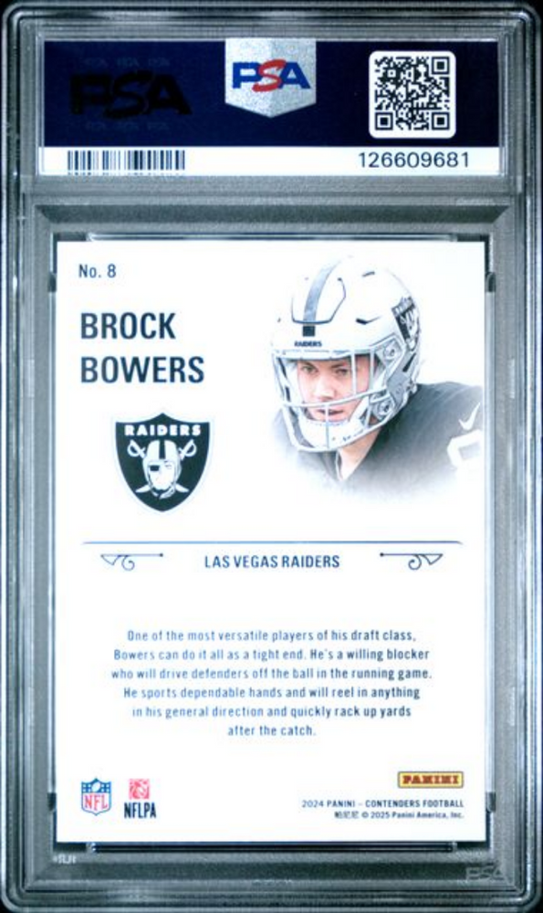 Graded 2024 Panini Contenders Brock Bowers #8 Rookie Stallions Rookie RC Football Card PSA 10 Gem Mint (ONLINE ORDER ONLY)