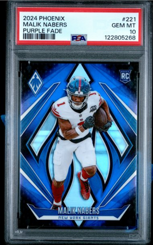 Graded 2024 Panini Phoenix Malik Nabers #221 Purple Fade Rookie RC Football Card PSA 10 Gem Mint (ONLINE ORDER ONLY)