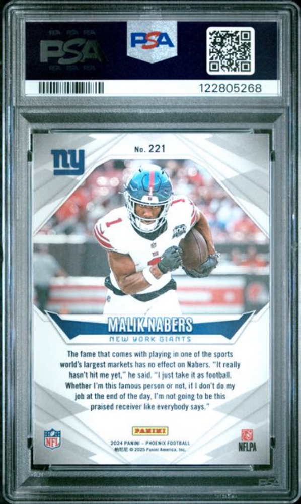 Graded 2024 Panini Phoenix Malik Nabers #221 Purple Fade Rookie RC Football Card PSA 10 Gem Mint (ONLINE ORDER ONLY)