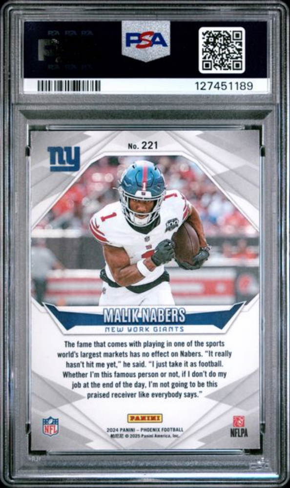 Graded 2024 Panini Phoenix Malik Nabers #221 Orange Rookie RC Football Card PSA 10 Gem Mint (ONLINE ORDER ONLY)