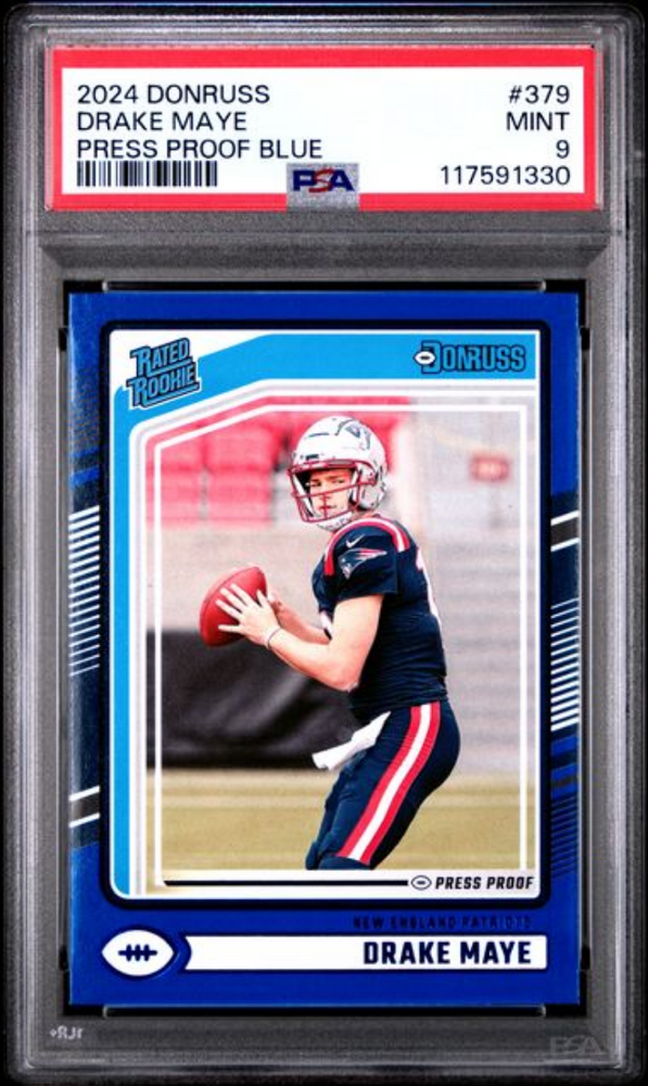 Graded 2024 Panini Donruss Drake Maye #379 Press Proof Blue Rookie RC Football Card PSA 9 Mint (ONLINE ORDER ONLY)