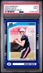 Graded 2024 Panini Donruss Drake Maye #379 Press Proof Blue Rookie RC Football Card PSA 9 Mint (ONLINE ORDER ONLY)