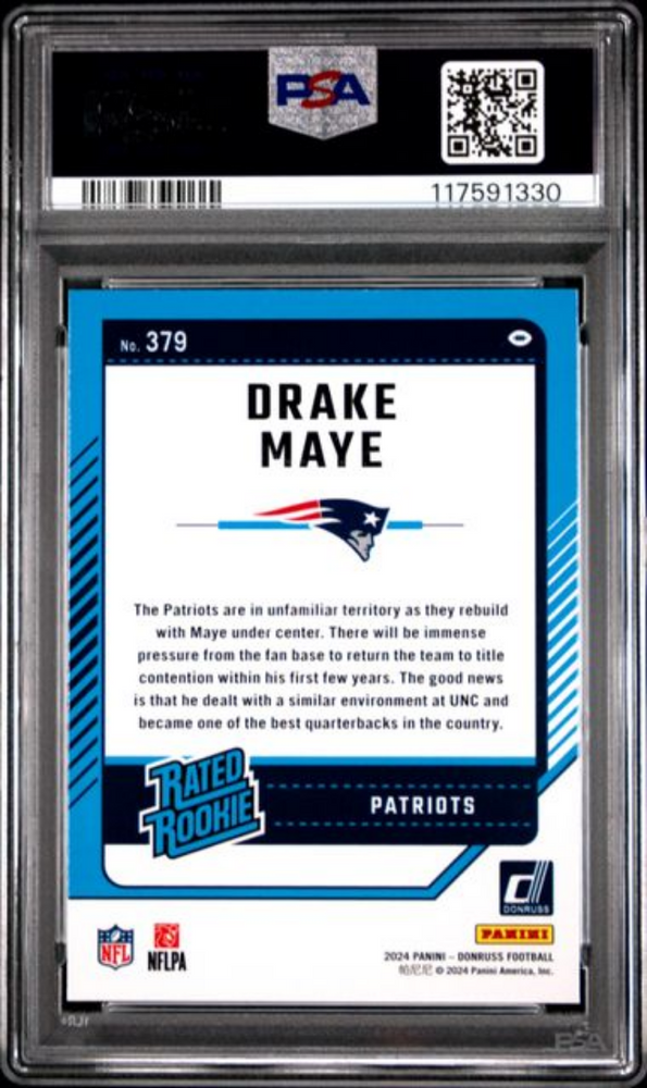 Graded 2024 Panini Donruss Drake Maye #379 Press Proof Blue Rookie RC Football Card PSA 9 Mint (ONLINE ORDER ONLY)