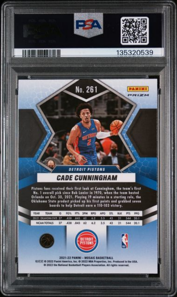Graded 2021 Panini Mosaic Cade Cunningham #261 Green Mosaic Rookie RC Basketball Card PSA 10 Gem Mint (ONLINE ORDER ONLY)