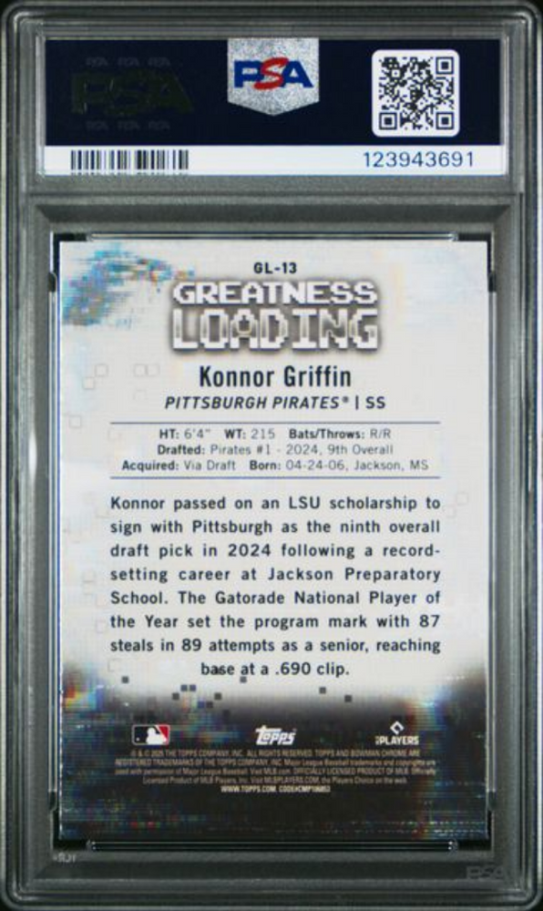 Graded 2025 Topps Bowman Konnor Griffin #GL13 Greatness Loading Rookie RC Baseball Card PSA 10 Gem Mint (ONLINE ORDER ONLY)