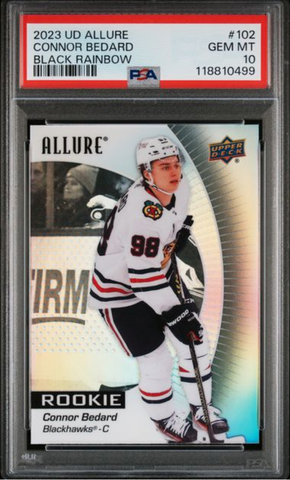 Graded 2023 Upper Deck Allure Connor Bedard #102 Black Rainbow Rookie RC Hockey Card PSA 10 Gem Mint (ONLINE ORDER ONLY)