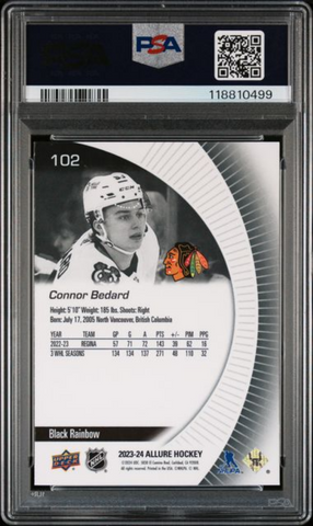 Graded 2023 Upper Deck Allure Connor Bedard #102 Black Rainbow Rookie RC Hockey Card PSA 10 Gem Mint (ONLINE ORDER ONLY)