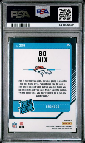 Graded 2024 Panini Donruss Optic Bo Nix #209 Green Hyper Rookie RC Football Card PSA 10 Gem Mint (ONLINE ORDER ONLY)