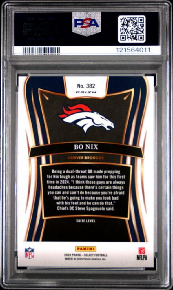 Graded 2024 Panini Select Bo Nix #382 Silver Prizm Rookie RC Football Card PSA 10 Gem Mint (ONLINE ORDER ONLY)