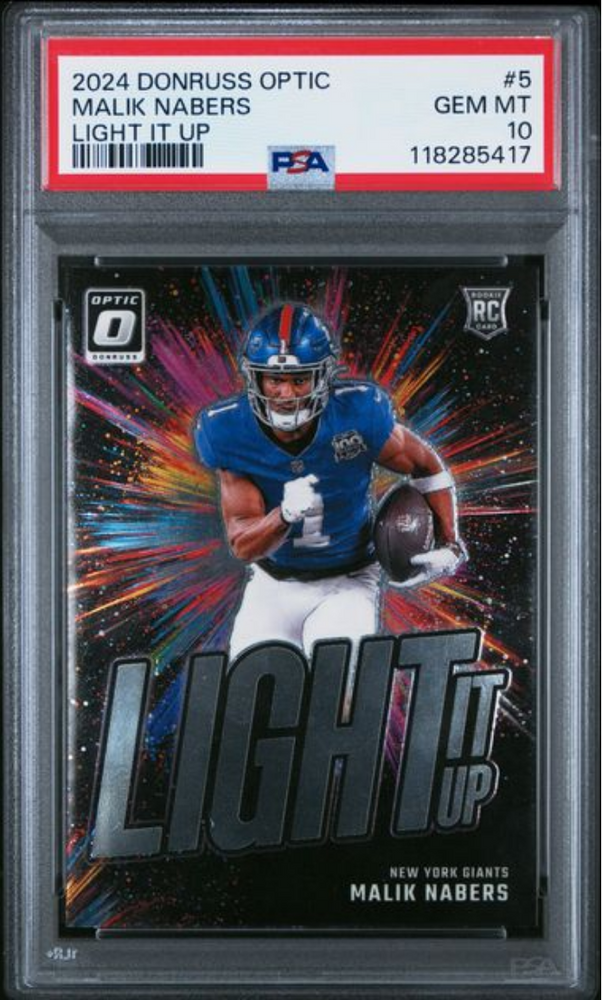 Graded 2024 Panini Donruss Optic Malik Nabers #5 Light It Up Rookie RC Football Card PSA 10 Gem Mint (ONLINE ORDER ONLY)