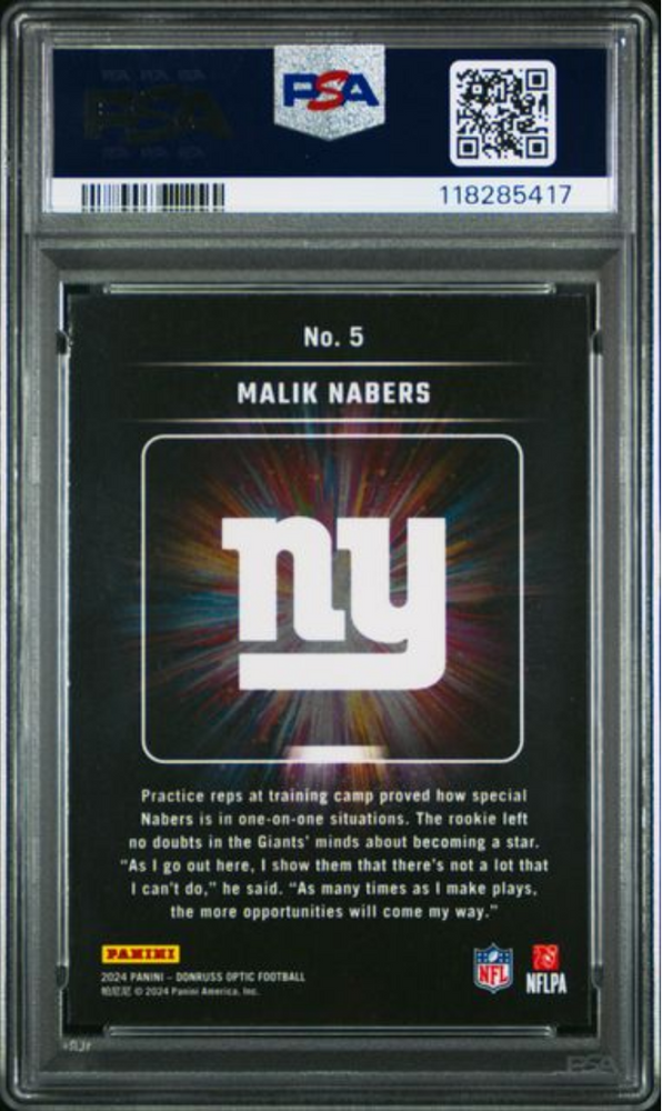 Graded 2024 Panini Donruss Optic Malik Nabers #5 Light It Up Rookie RC Football Card PSA 10 Gem Mint (ONLINE ORDER ONLY)