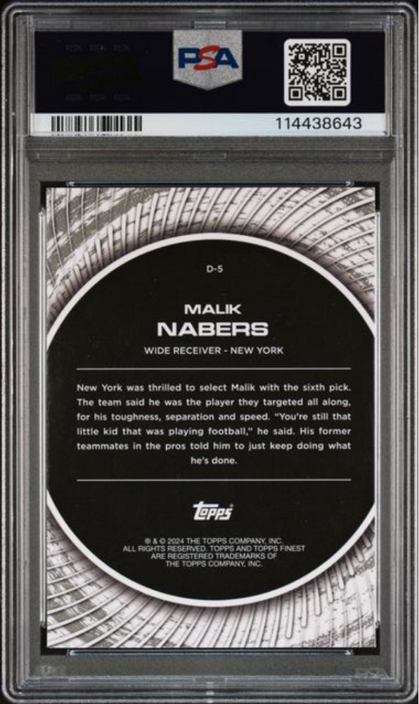 Graded 2024 Topps Finest Malik Nabers #D5 Debut Blue Refractor /99 Rookie RC Football Card PSA 10 Gem Mint (ONLINE ORDER ONLY)