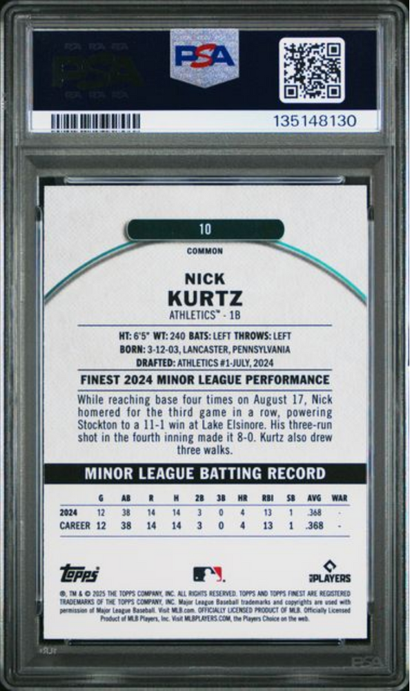 Graded 2025 Topps Finest Nick Kurtz #10 Rookie RC Baseball Card PSA 10 Gem Mint (ONLINE ORDER ONLY)