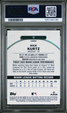 Graded 2025 Topps Finest Nick Kurtz #10 Rookie RC Baseball Card PSA 10 Gem Mint (ONLINE ORDER ONLY)