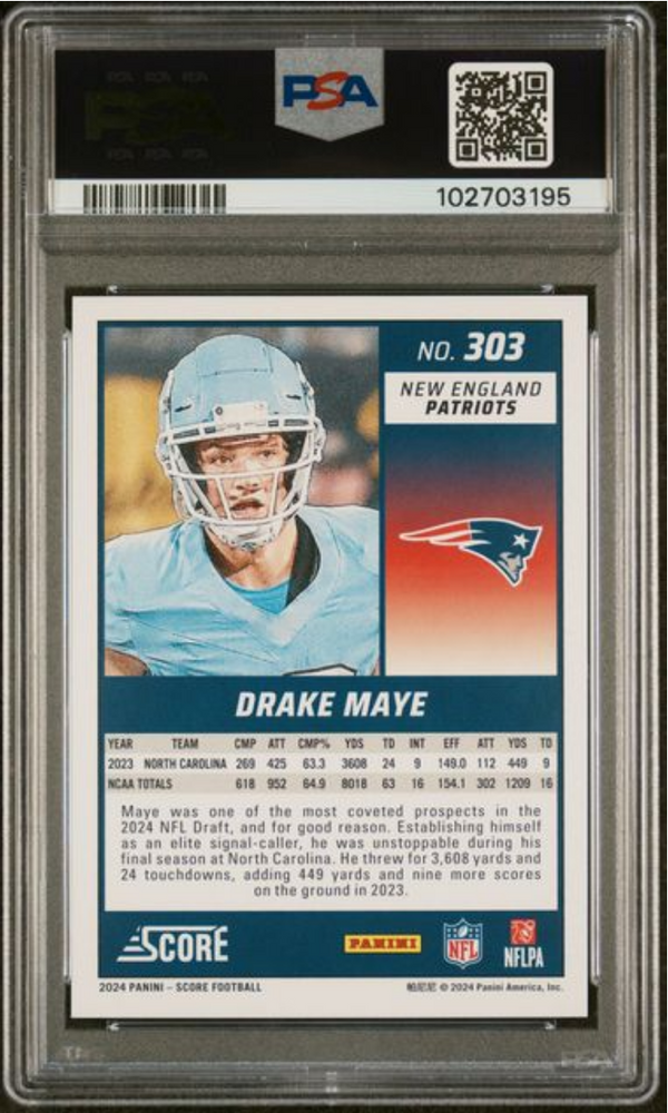 Graded 2024 Panini Score Drake Maye #303 Rookie RC Football Card PSA 9 Mint (ONLINE ORDER ONLY)
