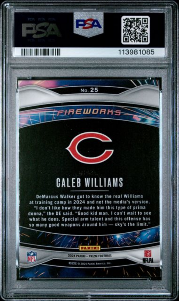 Graded 2024 Panini Prizm Caleb Williams #25 Fireworks Rookie RC Football Card PSA 10 Gem Mint (ONLINE ORDER ONLY)