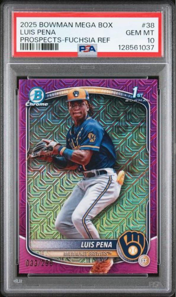 Graded 2025 Topps Bowman Mega Box Luis Pena #38 Prospects Fuschia Refractor /299 Rookie RC Baseball Card PSA 10 Gem Mint (ONLINE ORDER ONLY)