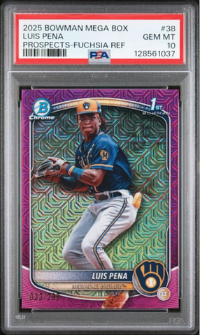 Graded 2025 Topps Bowman Mega Box Luis Pena #38 Prospects Fuschia Refractor /299 Rookie RC Baseball Card PSA 10 Gem Mint (ONLINE ORDER ONLY)