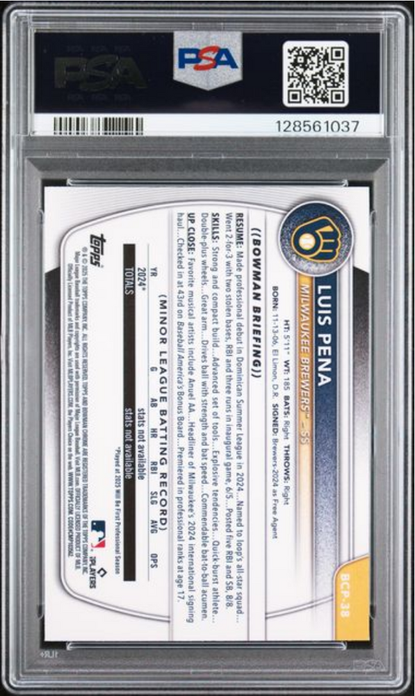 Graded 2025 Topps Bowman Mega Box Luis Pena #38 Prospects Fuschia Refractor /299 Rookie RC Baseball Card PSA 10 Gem Mint (ONLINE ORDER ONLY)