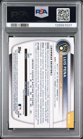 Graded 2025 Topps Bowman Mega Box Luis Pena #38 Prospects Fuschia Refractor /299 Rookie RC Baseball Card PSA 10 Gem Mint (ONLINE ORDER ONLY)