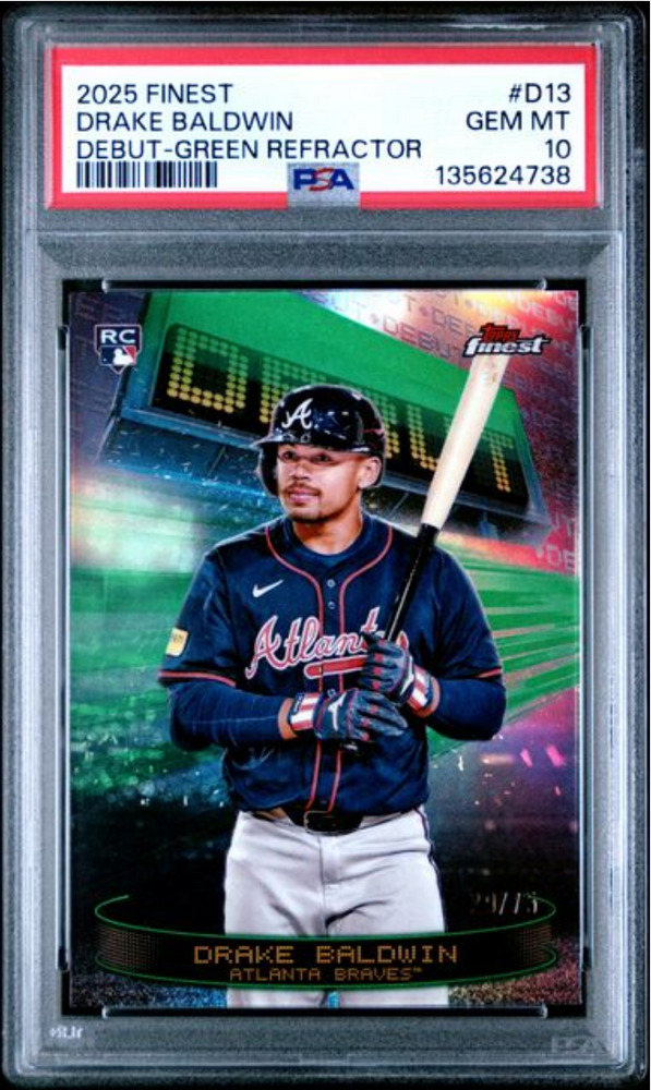 Graded 2025 Topps Finest Drake Baldwin #D13 Debut Green Refractor /75 Rookie RC Baseball Card PSA 10 Gem Mint (ONLINE ORDER ONLY)