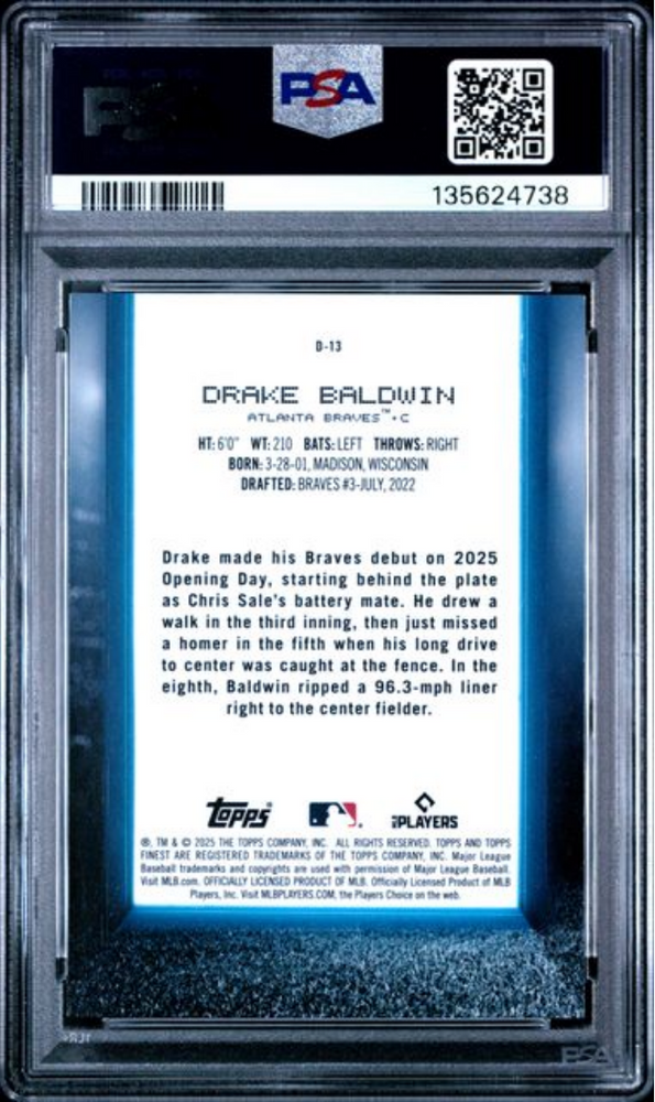 Graded 2025 Topps Finest Drake Baldwin #D13 Debut Green Refractor /75 Rookie RC Baseball Card PSA 10 Gem Mint (ONLINE ORDER ONLY)