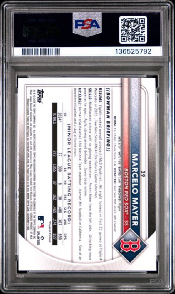 Graded 2025 Topps Bowman Chrome Mega Box Marcelo Mayer #39 Rookie RC Baseball Card PSA 10 Gem Mint (ONLINE ORDER ONLY)